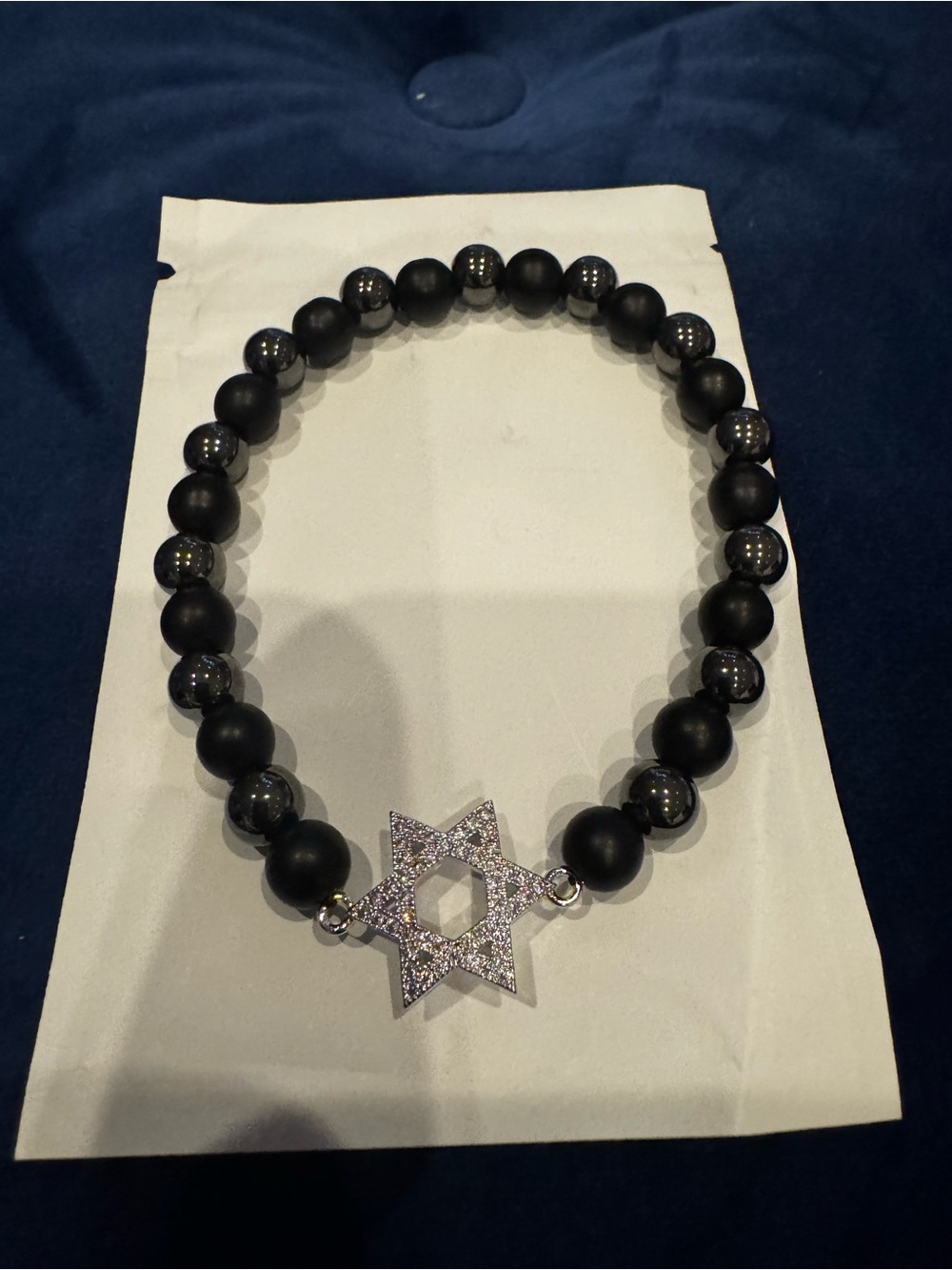 Black Beaded Bracelet with Silver Star of David Charm